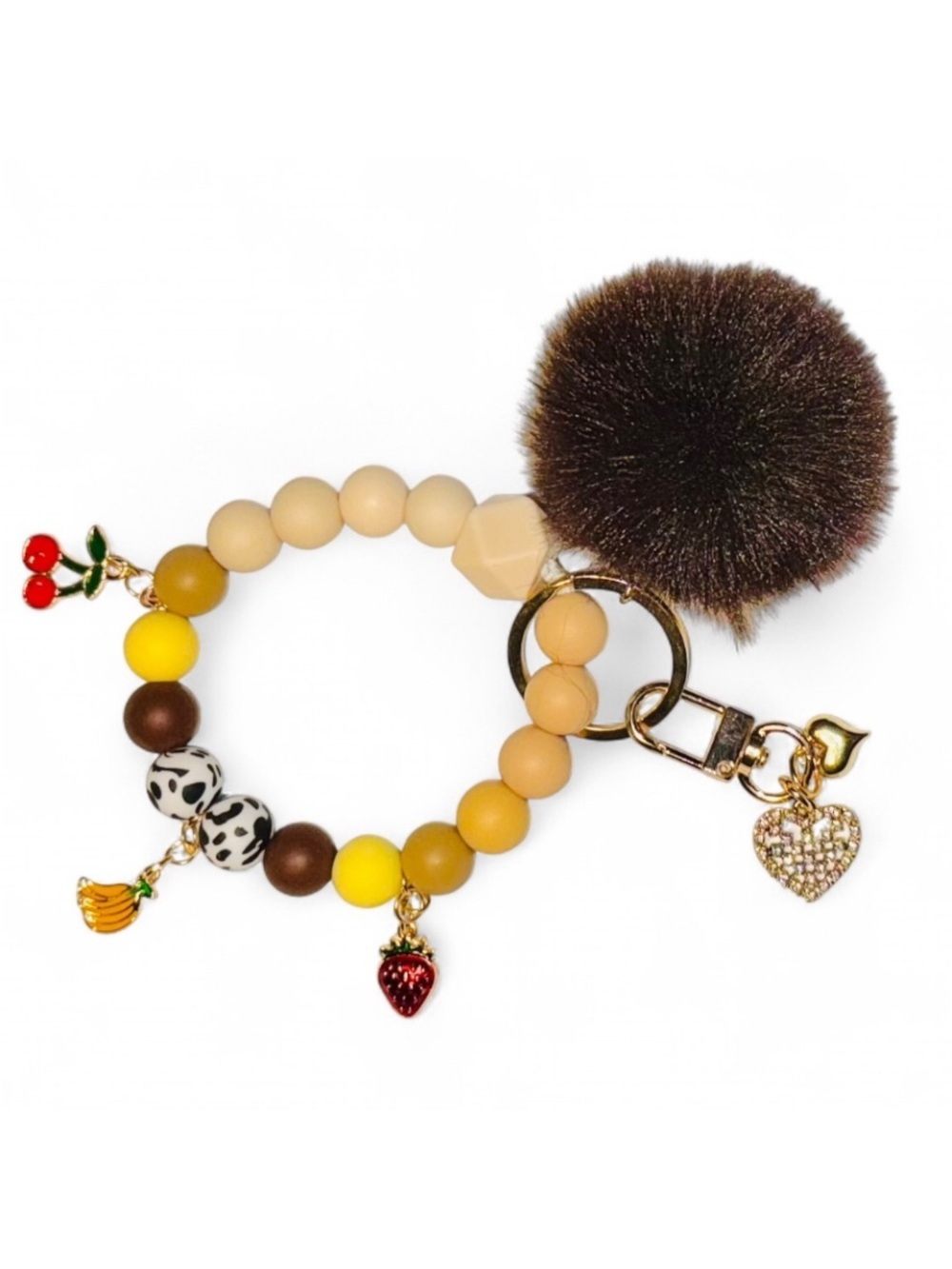 Beaded Pom Pom Charm Keyring - Yellow & Brown - Picture 2 of 4